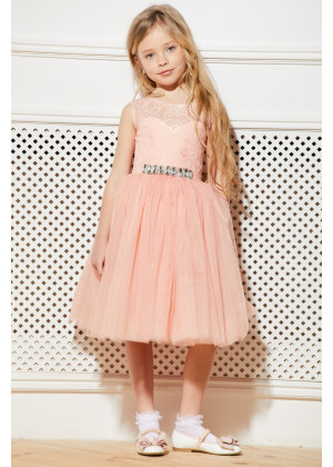 Nude Pink Lace Tulle Keyhole Corset Back Flower Girl Dress
